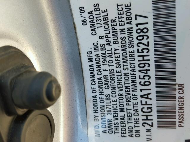 2HGFA16549H529817 - 2009 HONDA CIVIC LX SILVER photo 10