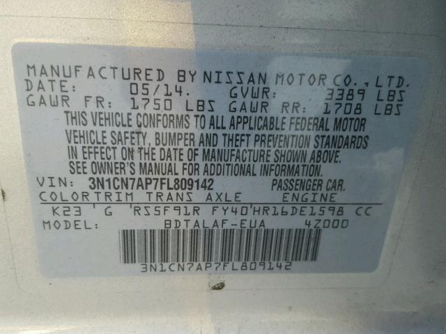 3N1CN7AP7FL809142 - 2015 NISSAN VERSA S SILVER photo 10