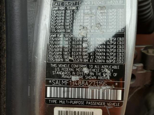 SALMF13488A271195 - 2008 LAND ROVER RANGE ROVE GRAY photo 10