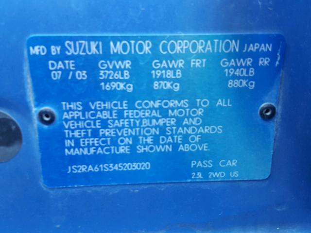 JS2RA61S345203020 - 2004 SUZUKI AERIO S BLUE photo 10