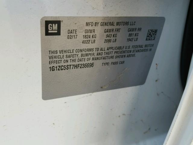 1G1ZC5ST7HF236696 - 2017 CHEVROLET MALIBU LS 白色 照片 10