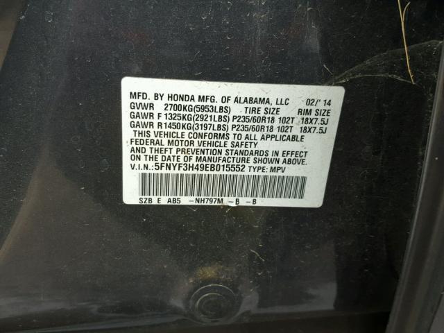 5FNYF3H49EB015552 - 2014 HONDA PILOT EX GRAY photo 10