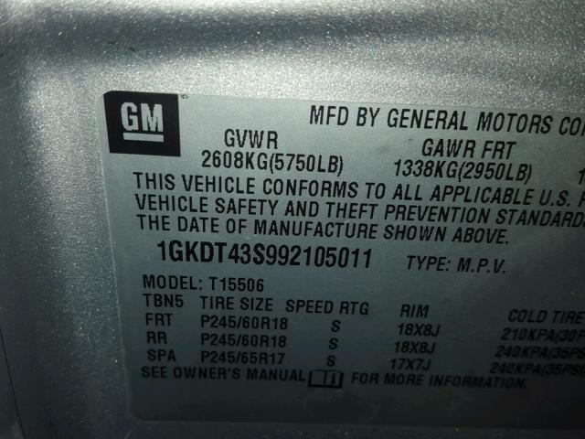 1GKDT43S992105011 - 2009 GMC ENVOY SLT GRAY photo 10