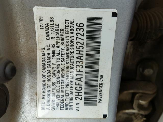 2HGFA1F33AH527236 - 2010 HONDA CIVIC VP SILVER photo 10