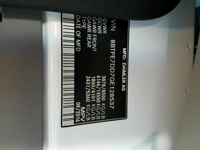 8BTPE7DD7GE128537 - 2016 MERCEDES-BENZ SPRINTER 2 WHITE photo 10