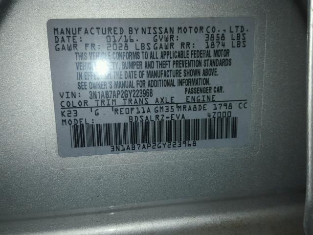 3N1AB7AP2GY223968 - 2016 NISSAN SENTRA S SILVER photo 10