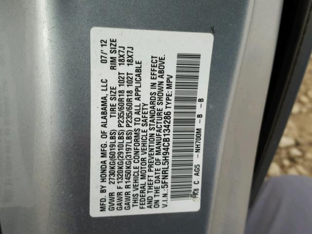 5FNRL5H94CB134286 - 2012 HONDA ODYSSEY TO SILVER photo 10