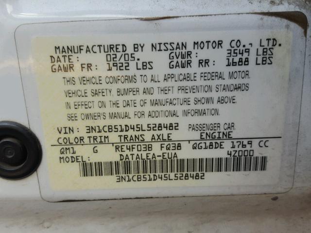 3N1CB51D45L528482 - 2005 NISSAN SENTRA 1.8 WHITE photo 10