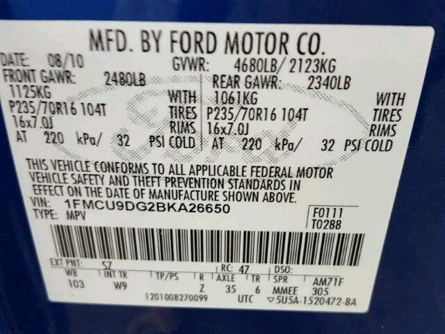 1FMCU9DG2BKA26650 - 2011 FORD ESCAPE XLT BLUE photo 10