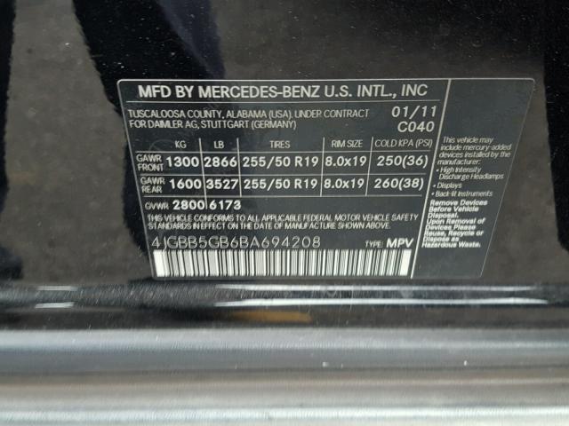 4JGBB5GB6BA694208 - 2011 MERCEDES-BENZ ML 350 BLACK photo 10