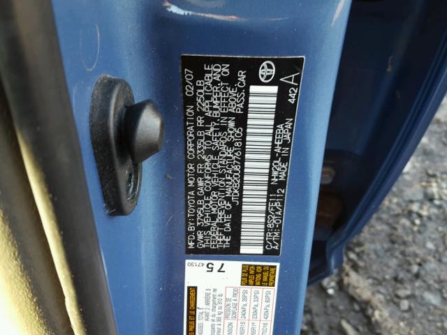 JTDKB20U877618105 - 2007 TOYOTA PRIUS BLUE photo 10