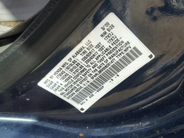 5FNRL38959B051477 - 2009 HONDA ODYSSEY TO BLUE photo 10