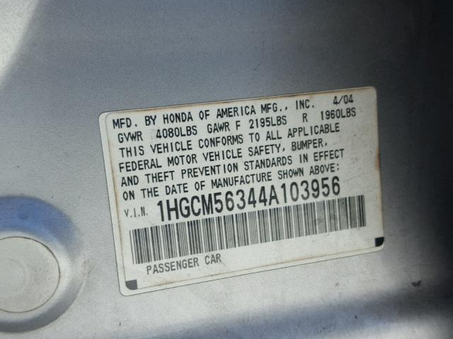 1HGCM56344A103956 - 2004 HONDA ACCORD LX SILVER photo 10