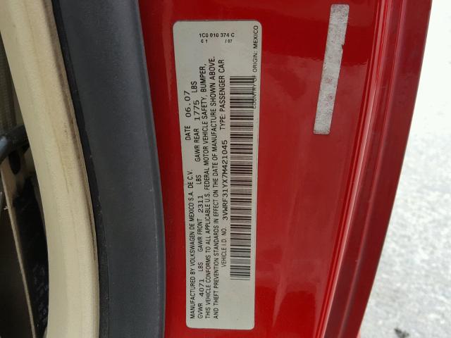 3VWRF31YX7M421045 - 2007 VOLKSWAGEN NEW BEETLE 红色 照片 10