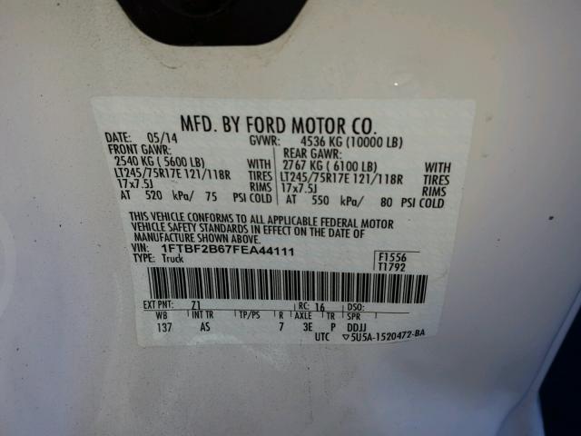 1FTBF2B67FEA44111 - 2015 FORD F250 SUPER WHITE photo 10