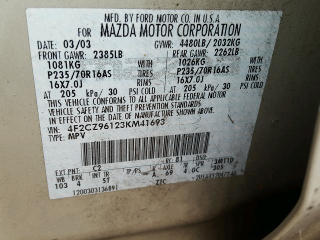 4F2CZ96123KM41693 - 2003 MAZDA TRIBUTE ES 银色 照片 10