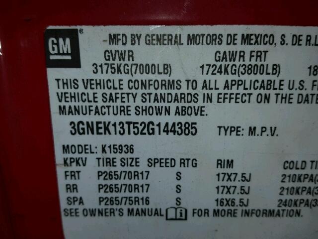 3GNEK13T52G144385 - 2002 CHEVROLET AVALANCHE RED photo 10