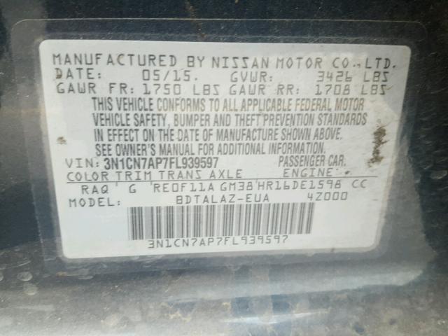 3N1CN7AP7FL939597 - 2015 NISSAN VERSA S BLUE photo 10