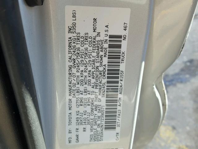 5TEUX42N77Z390571 - 2007 TOYOTA TACOMA ACC SILVER photo 10