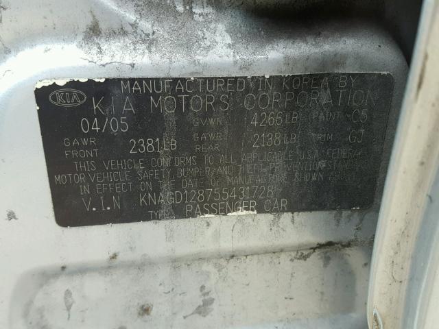 KNAGD128755431728 - 2005 KIA OPTIMA LX SILVER photo 10