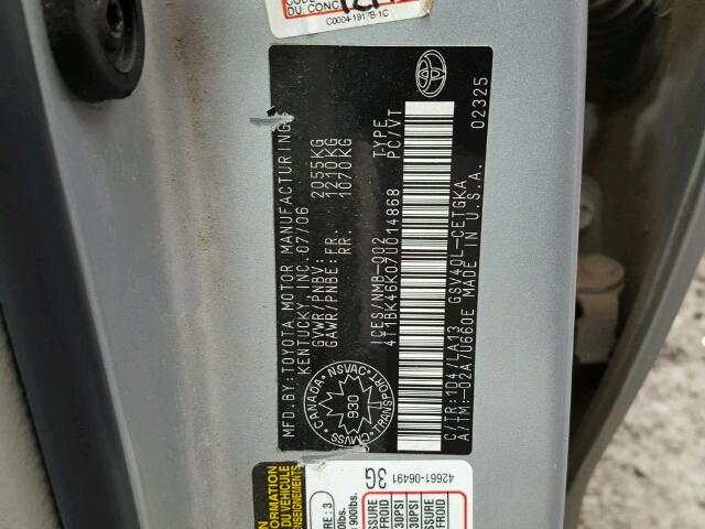 4T1BK46K07U014868 - 2007 TOYOTA CAMRY NEW SILVER photo 10