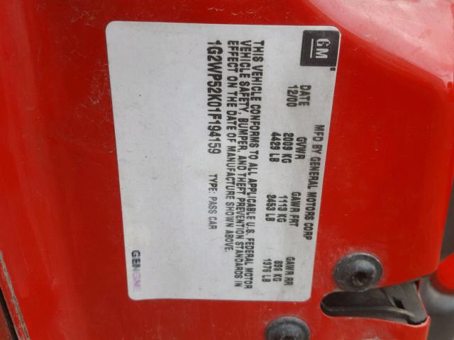 1G2WP52K01F194159 - 2001 PONTIAC GRAND PRIX RED photo 10