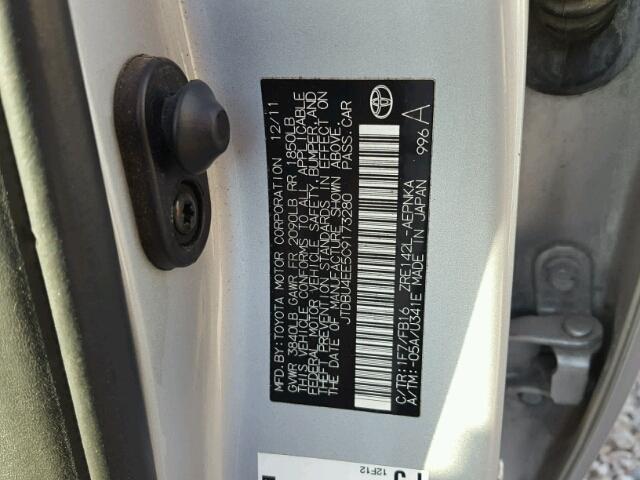 JTDBU4EE5C9173280 - 2012 TOYOTA COROLLA BA SILVER photo 10