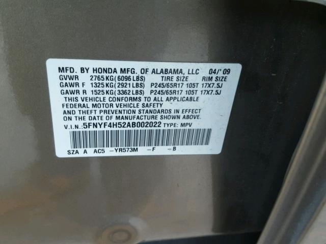 5FNYF4H52AB002022 - 2010 HONDA PILOT EXL GRAY photo 10