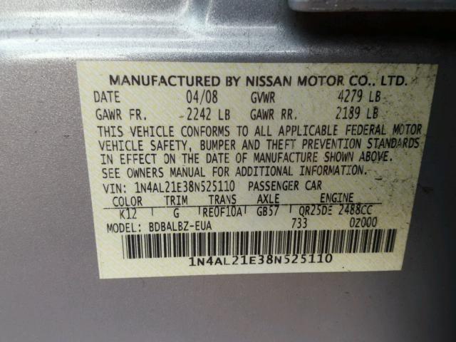 1N4AL21E38N525110 - 2008 NISSAN ALTIMA 2.5 SILVER photo 10