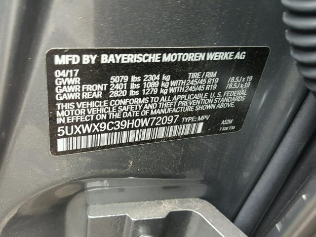 5UXWX9C39H0W72097 - 2017 BMW X3 XDRIVE2 GRAY photo 10