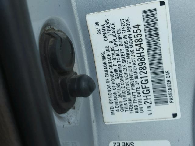 2HGFG12898H548554 - 2008 HONDA CIVIC EX 银色 照片 10