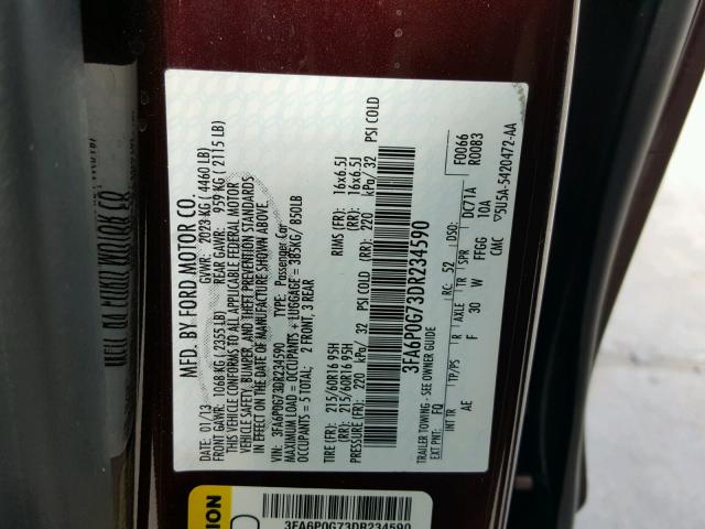 3FA6P0G73DR234590 - 2013 FORD FUSION S MAROON photo 10