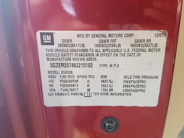 5GZER33748J215102 - 2008 SATURN OUTLOOK XR წითელი ფოტო 10