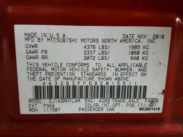 4A32B3FF6BE015511 - 2011 MITSUBISHI GALANT ES RED photo 10