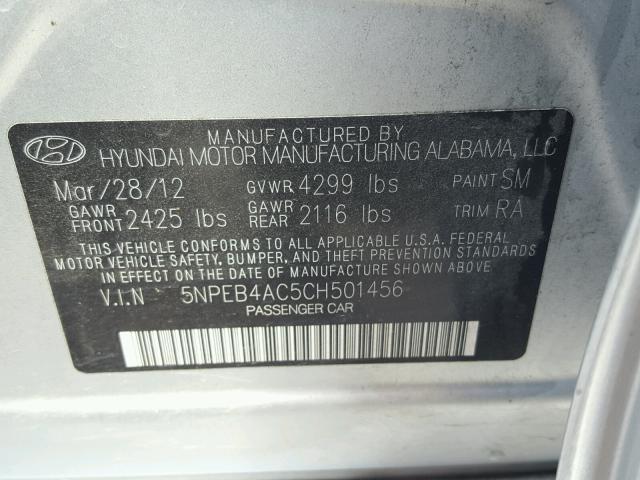 5NPEB4AC5CH501456 - 2012 HYUNDAI SONATA GLS SILVER photo 10