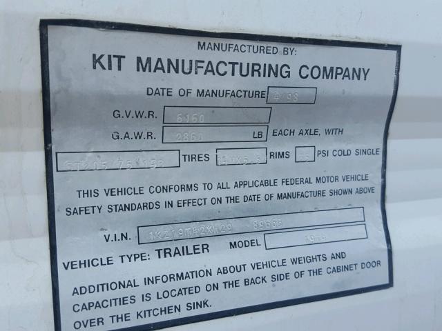 1KZ19T42XW2989663 - 1998 CHALET TRAILER WHITE photo 10