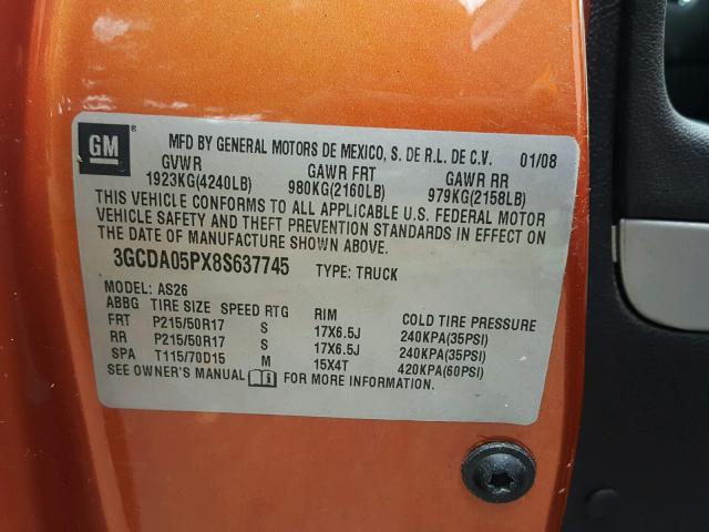 3GCDA05PX8S637745 - 2008 CHEVROLET HHR PANEL ORANGE photo 10