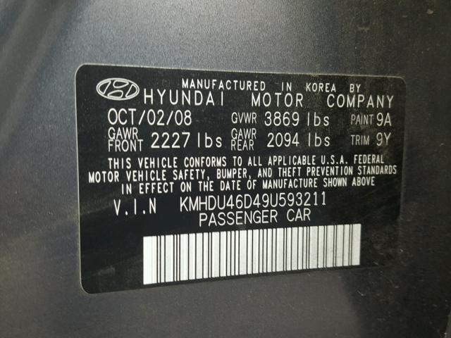 KMHDU46D49U593211 - 2009 HYUNDAI ELANTRA GRAY photo 10