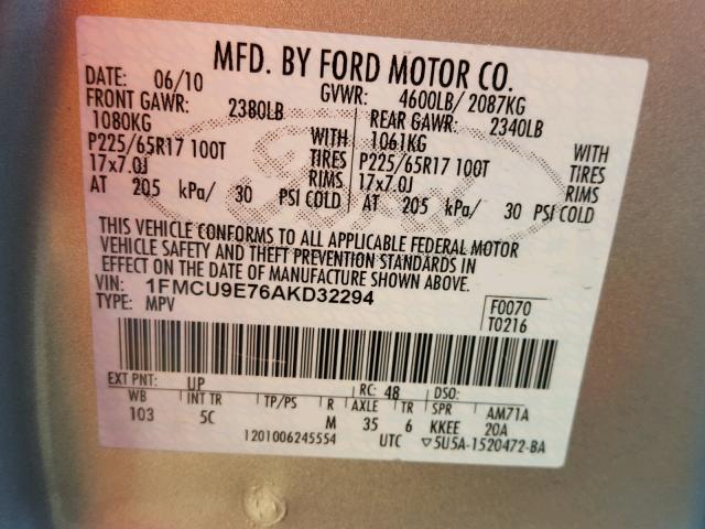 1FMCU9E76AKD32294 - 2010 FORD ESCAPE LIM SILVER photo 10