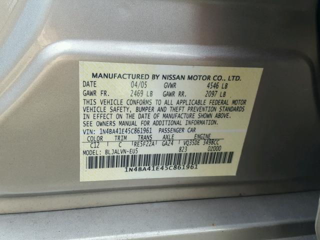 1N4BA41E45C861961 - 2005 NISSAN MAXIMA SE SILVER photo 10