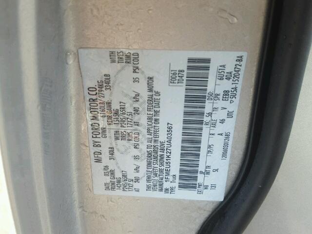 1FMEU51K27UA03567 - 2007 FORD EXPLORER S GRAY photo 10