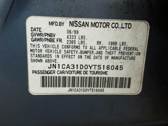 JN1CA31D0YT516045 - 2000 NISSAN MAXIMA GLE BLUE photo 10