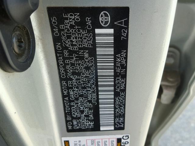 JTDBE32K353026303 - 2005 TOYOTA CAMRY LE SILVER photo 10