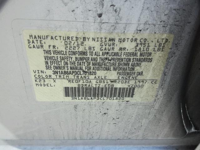 3N1AB6AP3CL701820 - 2012 NISSAN SENTRA 2.0 SILVER photo 10