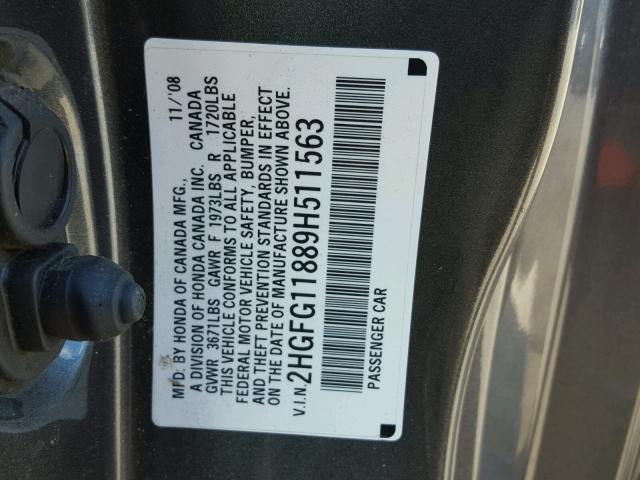 2HGFG11889H511563 - 2009 HONDA CIVIC EX GRAY photo 10
