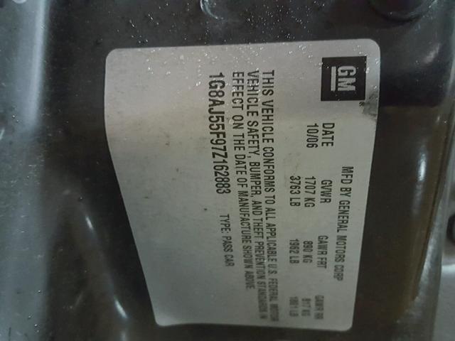 1G8AJ55F97Z162883 - 2007 SATURN ION LEVEL SILVER photo 10