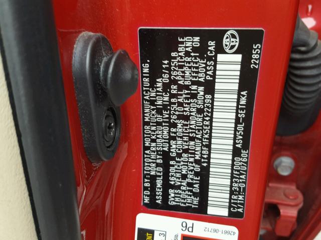 4T4BF1FK5ER422398 - 2014 TOYOTA CAMRY L RED photo 10