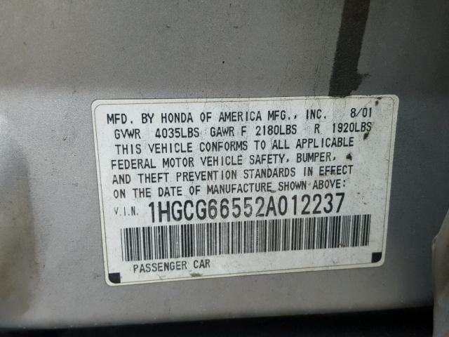 1HGCG66552A012237 - 2002 HONDA ACCORD LX GRAY photo 10