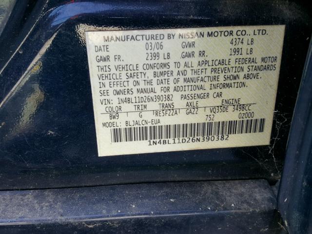 1N4BL11D26N390382 - 2006 NISSAN ALTIMA SE BLUE photo 10