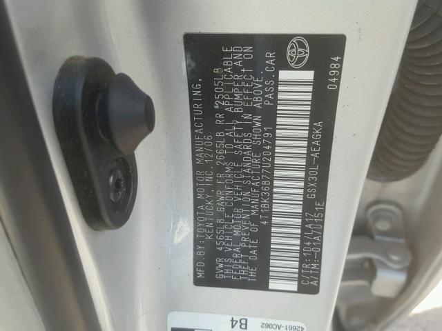 4T1BK36B77U204791 - 2007 TOYOTA AVALON XL SILVER photo 10